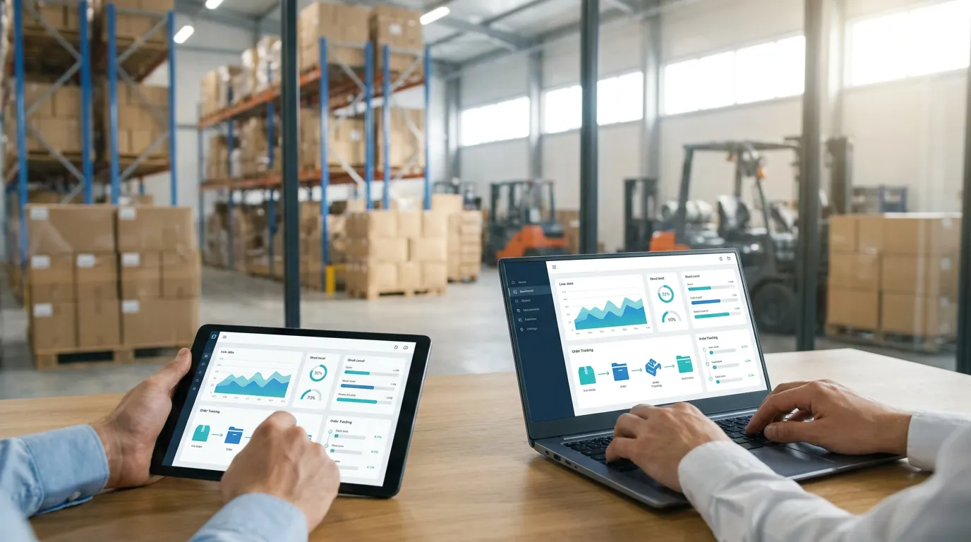 A person using a laptop and tablet displaying real-time inventory management dashboards, with a warehouse visible in the background.