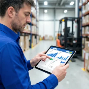 Inventory management dashboard on tablet in a modern warehouse