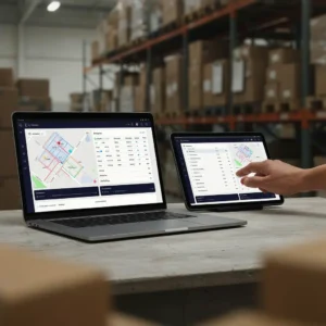 Warehouse manager using a warehouse management system dashboard to track bin locations and stock on a tablet