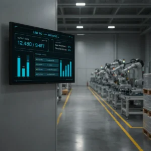 Factory floor with a digital production dashboard showing output and machine status data
