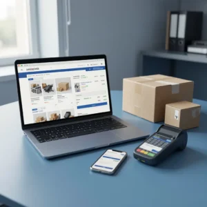 Laptop showing an online store and packed parcels illustrating the benefits of ecommerce solutions