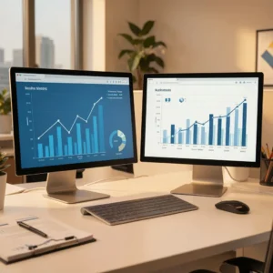 Integrated vendor management software platform displaying supplier performance and inventory data across two monitors