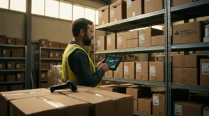 Warehouse manager using a tablet to manage inventory in an organized warehouse