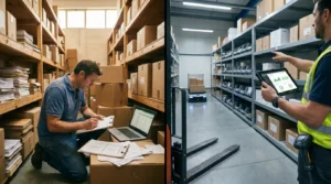 Warehouse employees comparing manual and automated inventory management processes