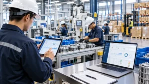 Modern manufacturing facility with workers using digital dashboards to monitor production, machinery, assembly lines, and inventory.