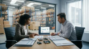 Business managers reviewing supplier orders and vendor performance in a modern office