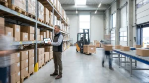 Warehouse manager reviewing inventory turnover and stock movement on a digital tablet