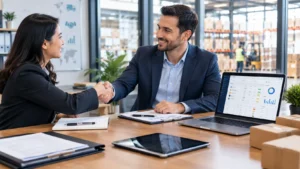 Two business professionals discussing supplier relationships with a laptop showing supplier management data in a modern office overlooking a warehouse.