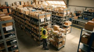 Warehouse worker using a barcode scanner to pick products for customer orders
