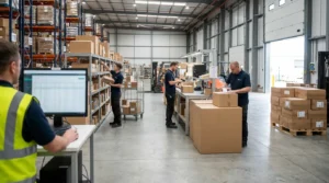 Step-by-step order fulfillment process from picking and packing to shipment in a warehouse
