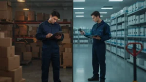 Split image of a warehouse worker counting stock by hand with a clipboard beside a worker scanning boxes with a barcode scanner and tablet