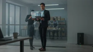 Operations manager using cloud-based order management software on a tablet beside an on-site server”