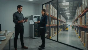 IT and operations managers comparing cloud-based and on-premise warehouse management systems