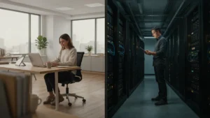 Split image of a business owner checking inventory on a tablet in a bright office beside an IT technician working in an on-site server room