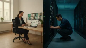 Split image of a procurement manager using cloud vendor management software in an office beside an IT technician in an on-site server room