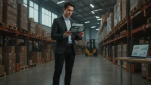 Operations manager comparing warehouse management system software on a tablet in a modern warehouse