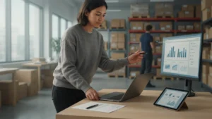 Operations manager comparing inventory management software dashboards on a laptop and monitor beside a requirements checklist in a warehouse office