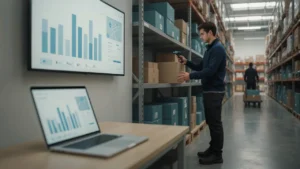 Warehouse worker scanning a stock box with a handheld barcode scanner next to an inventory management software dashboard showing stock levels