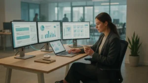 Operations manager viewing connected ecommerce, inventory and ERP dashboards across three monitors, showing order management software integration
