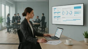 Procurement manager reviewing supplier profiles and vendor performance scorecards in vendor management software on a large monitor