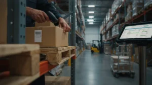 Warehouse worker scanning a barcode with a handheld scanner linked to a warehouse management system dashboard