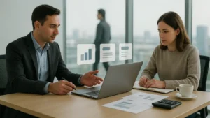 Business owner and finance manager comparing inventory management software pricing plans on a laptop with a calculator and cost sheet