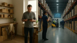 Split image of a small business owner checking stock on a tablet in a stockroom beside an enterprise distribution centre with inventory dashboards