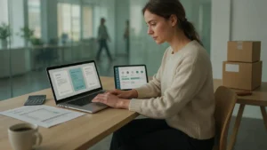 Operations manager comparing order management software pricing plans on a laptop beside an order dashboard, calculator and shipping boxes