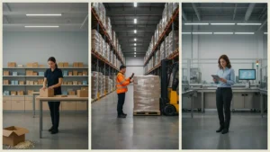 Three-panel image of a retail stockroom, a distribution warehouse and a manufacturing floor, each using order management software