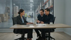Managers comparing warehouse management system pricing plans on a laptop